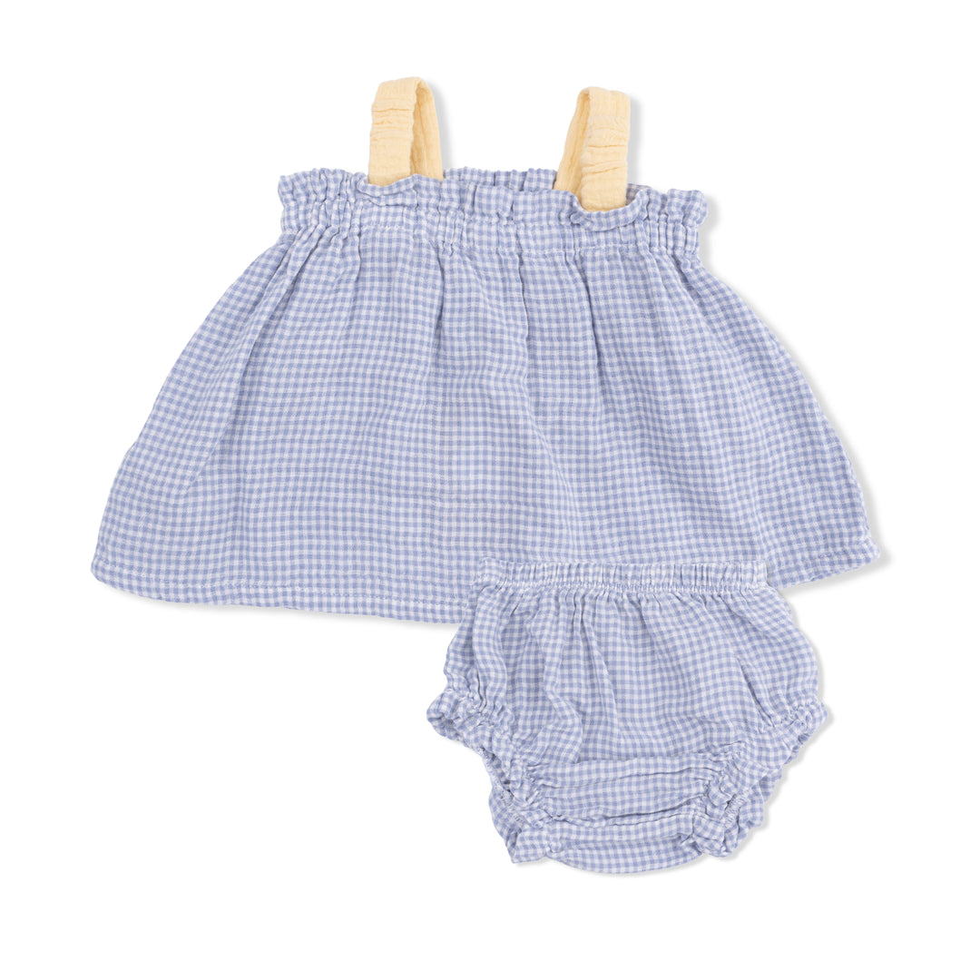 Angel Dear 1353-S26-MGI Micro Gingham Blue Blizzard Top w/Bows and Ruffle Leg Bloomer
