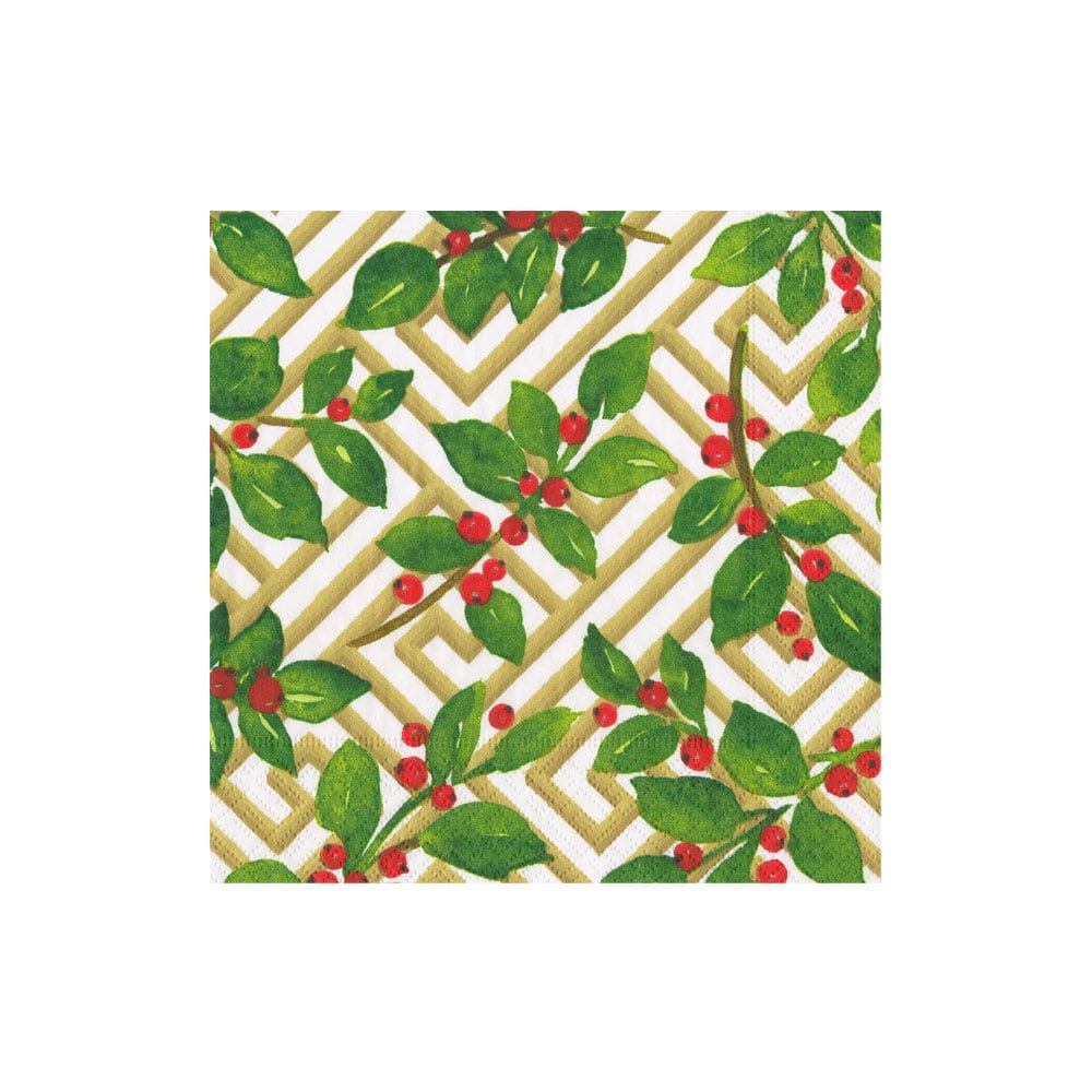 Caspari 18660 Holly and Fretwork White Napkins