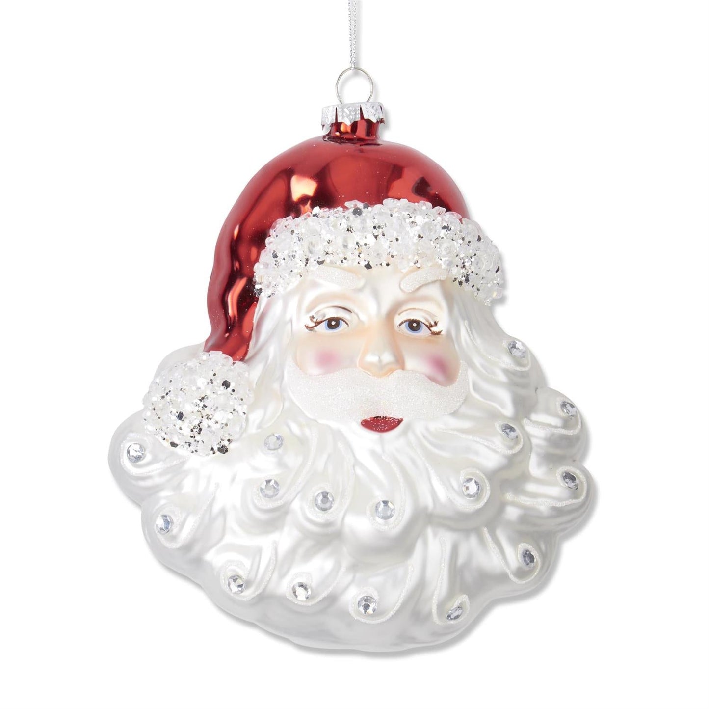 K & K Interiors 55352A Glittered & Jeweled Blown Glass Santa Head Ornament - 6.5 Inches