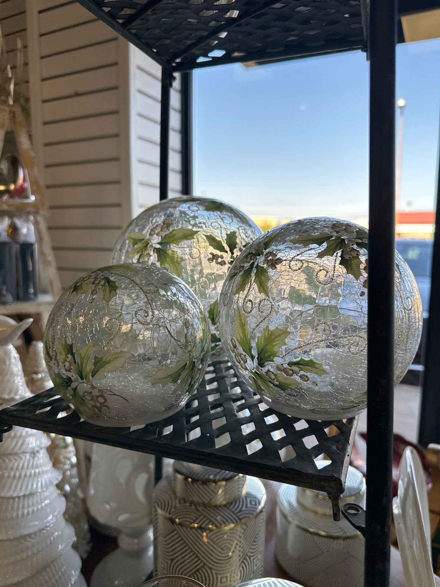 K & K Interiors 55649D Crackled Glass LED Globe w/Gold Glittered Holly & Faux Snow