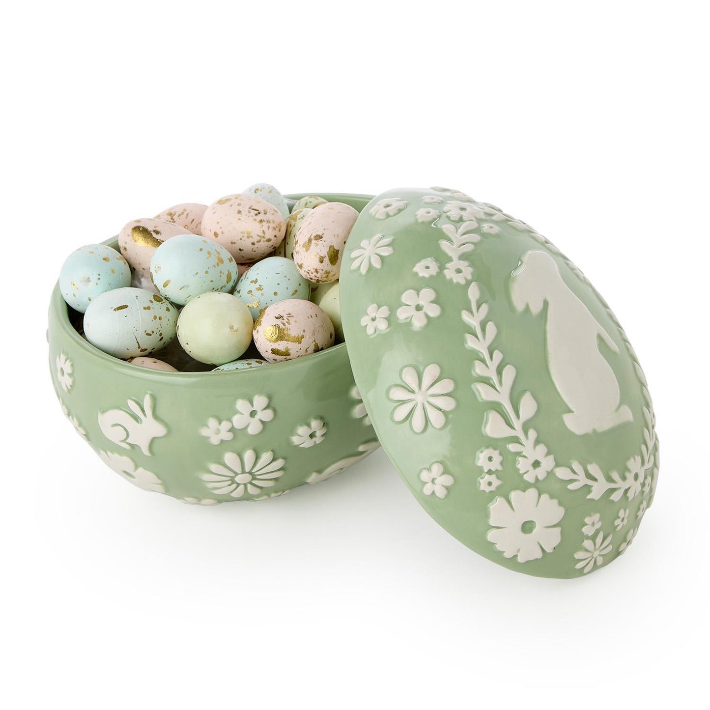 Two's Company 82802 Easter Whimsy Bunny Relief Pattern Egg Shape Covered Dish