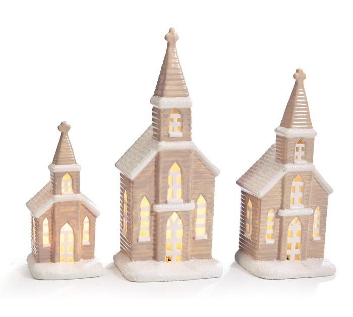 Burton & Burton 9742418 Taupe Ceramic Hand Painted Lighted Church