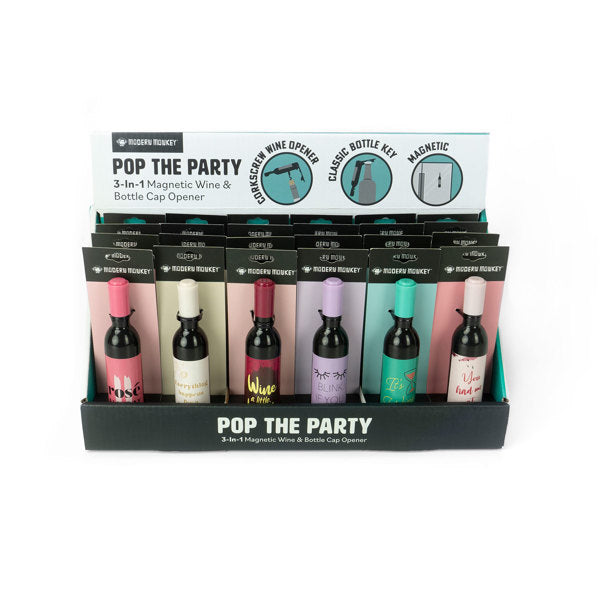 Modern Monkey MMWO24 Pop The Party 3-in-1 Magnetic Wine & Bottle Cap Opener