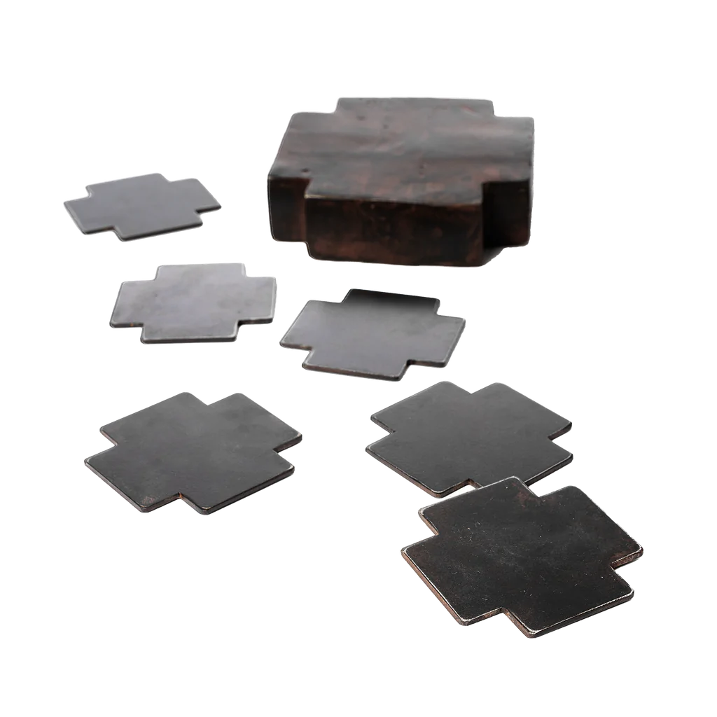 Jan Barboglio 1199 Cruz Coasters Set of 6 on Wax Cast Cross Box & Lid
