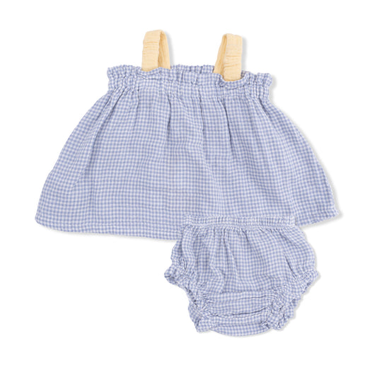 Angel Dear 1353-S26-MGI Micro Gingham Blue Blizzard Top w/Bows and Ruffle Leg Bloomer