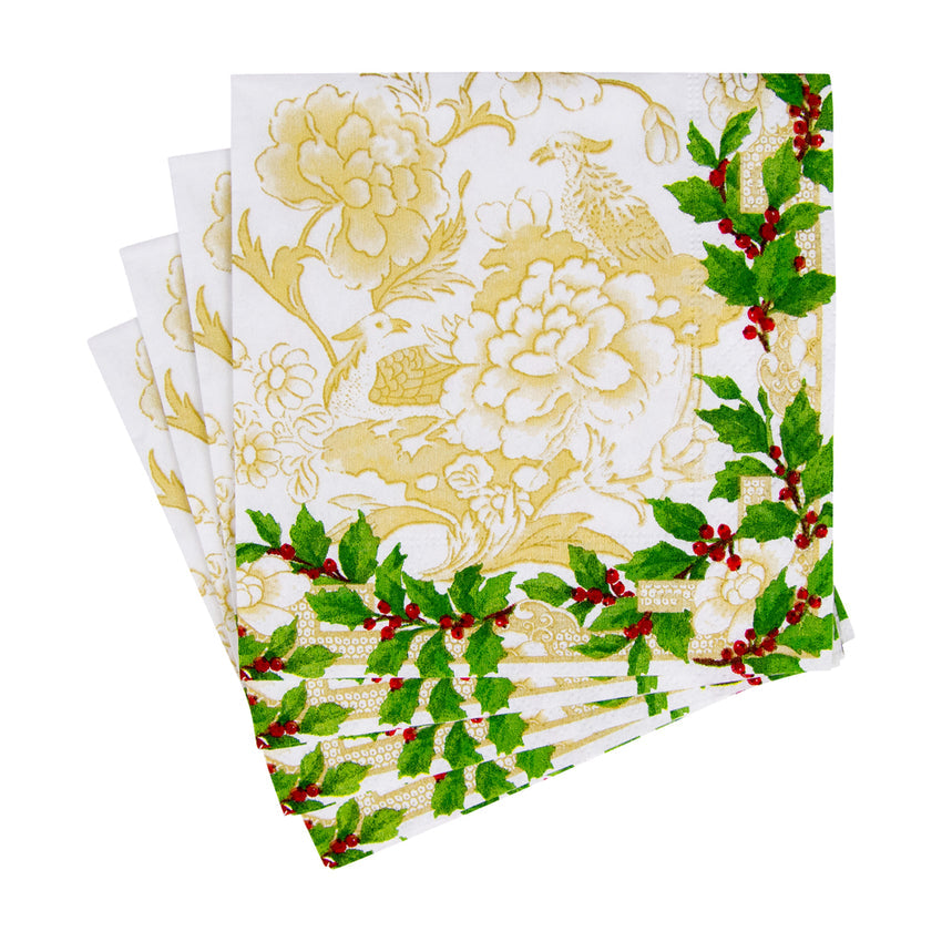 Caspari 18090 Holly Ceramic Napkins - Ivory/Gold