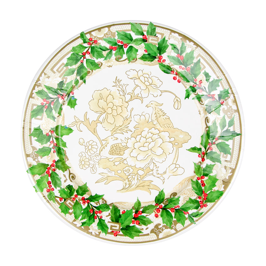 Caspari 18090 Holly Ceramic Plates - Ivory/Gold