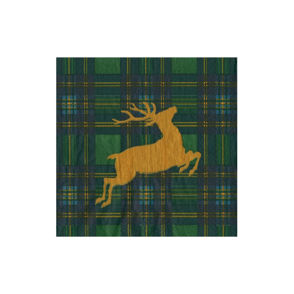 Caspari 18631 Reindeer Tartan Green Napkins