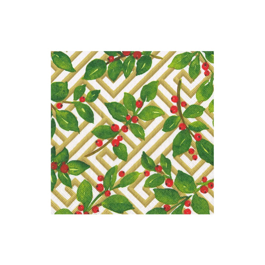 Caspari 18660 Holly and Fretwork White Napkins