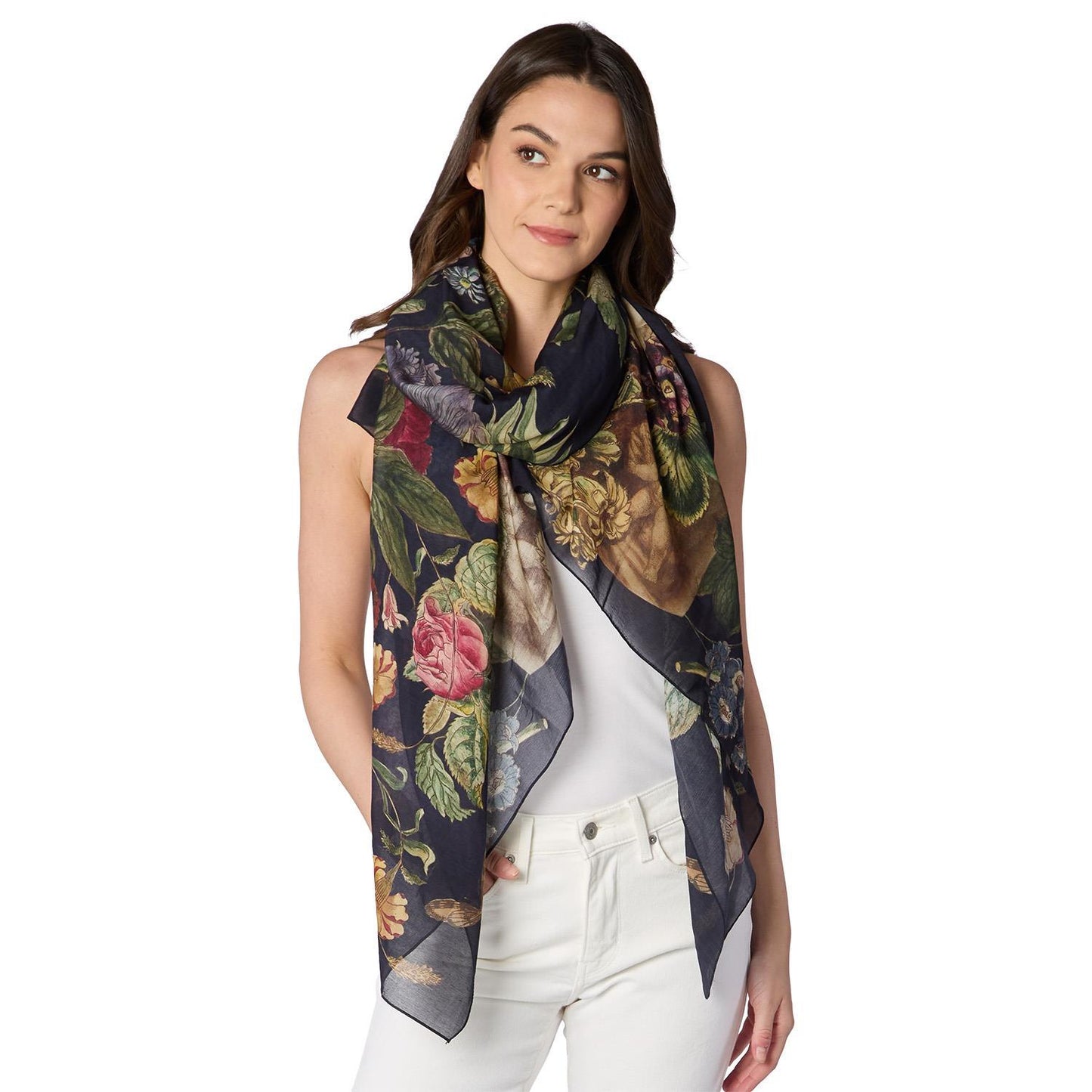 Two's Company 20721-PPB Primula Print Black Scarf
