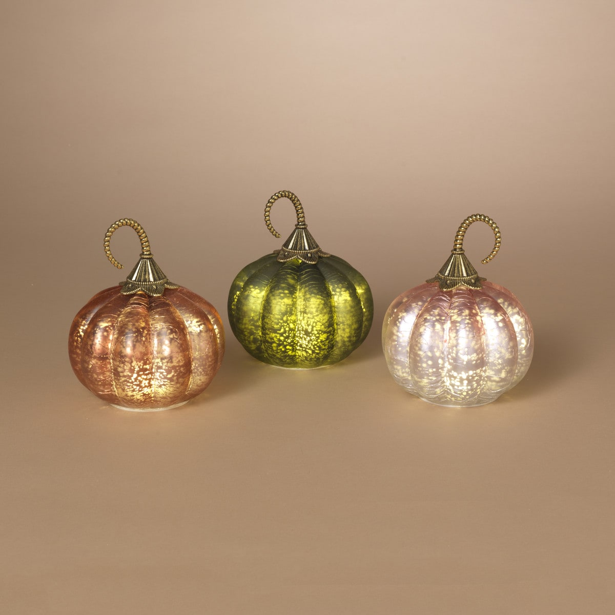 Gerson 2797660 Lighted Handblown Mercury Crackle Glass Pumpkin w/Metal Stem