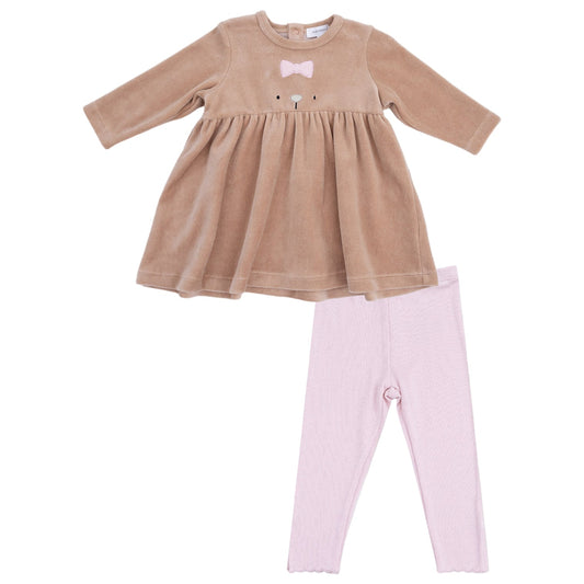 Angel Dear 408S-V-F25-VEL Velour Teddy Bear Empire Waist Dress & Ribbed Legging Set