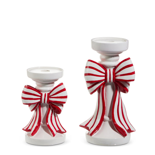 RAZ Imports 4512233 Red and White Stripe Bow Candle Holder