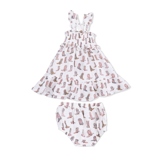 Angel Dear 572-S26-FCG Cowgirl Boots Smocked Ruffle Sundress