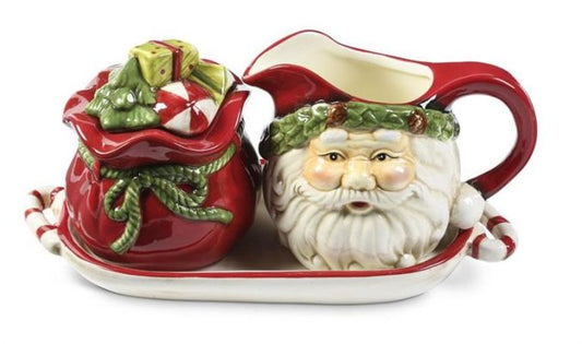 K & K Interiors 53180I Santa & Gift Bag Sugar and Creamer Set w/Tray