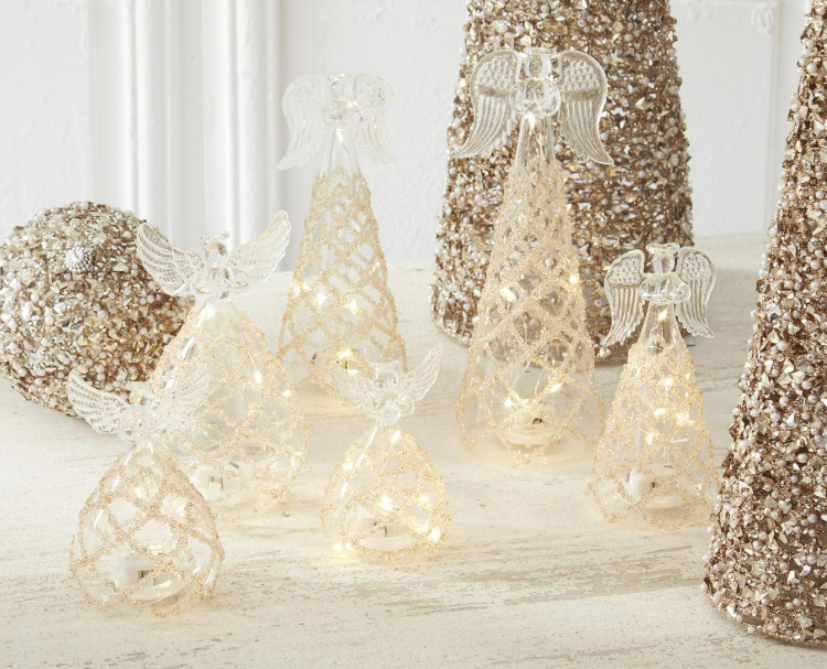 K & K Interiors 55252C Clear Glass Lattice Gold Bead LED Angel w/Timer