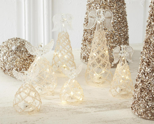 K & K Interiors 55252C Clear Glass Lattice Gold Bead LED Angel w/Timer