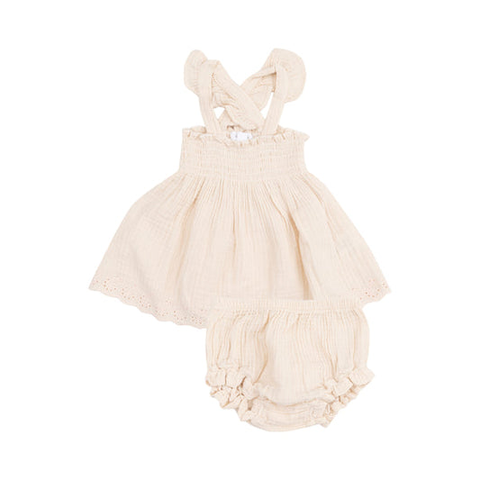 Angel Dear 572-S25-MWS Solid Muslin White Swan Ruffle Strap Smocked Top and Diaper Cover
