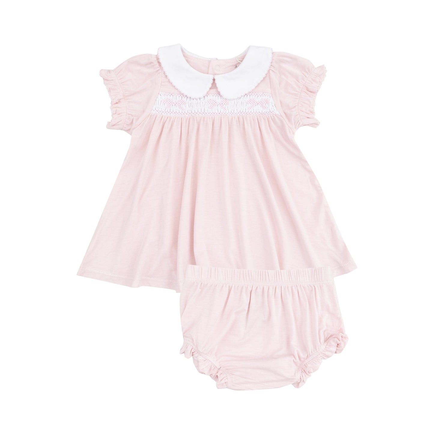 Angel Dear 729E-S25-SPP Solid Classic Pink Smocked Peterpan Collar Dress and Ruffle Leg Bloomer