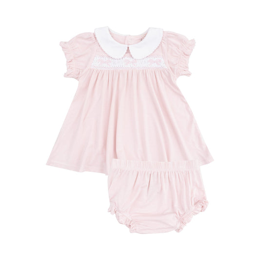 Angel Dear 729E-S25-SPP Solid Classic Pink Smocked Peterpan Collar Dress and Ruffle Leg Bloomer