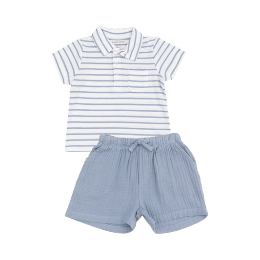 Angel Dear 813R-S25-SDB French Stripe Dusty Blue Polo Shirt and Muslin Short