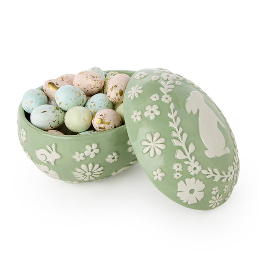Two's Company 82802 Easter Whimsy Bunny Relief Pattern Egg Shape Covered Dish