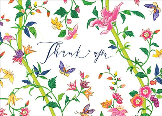 Caspari 92600 Sprigged Silk White Thank You Notes - Boxed Set of 8