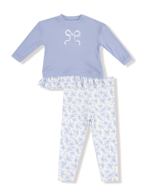 Angel Dear 936S-F25-ROF Romi Floral Waffle Pull Over w/Ruffle and Rib Bow Applique and Rib Leggings