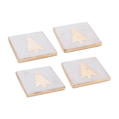 Melrose 98359 White Marble Coasters W/ Gold Tree - Set of 4