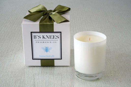 B's Knees 1-Wick White Glass Candle -Bonzai Butterfly