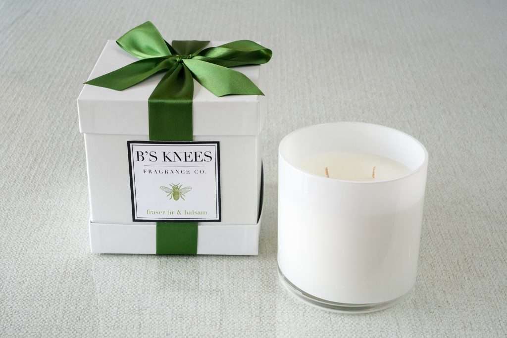 B's Knees 3-Wick White Glass Candle -Fraizer Fir and Balsam
