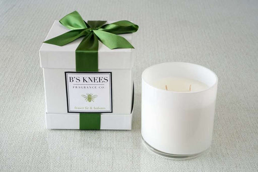 B's Knees 3-Wick White Glass Candle -Fraizer Fir and Balsam