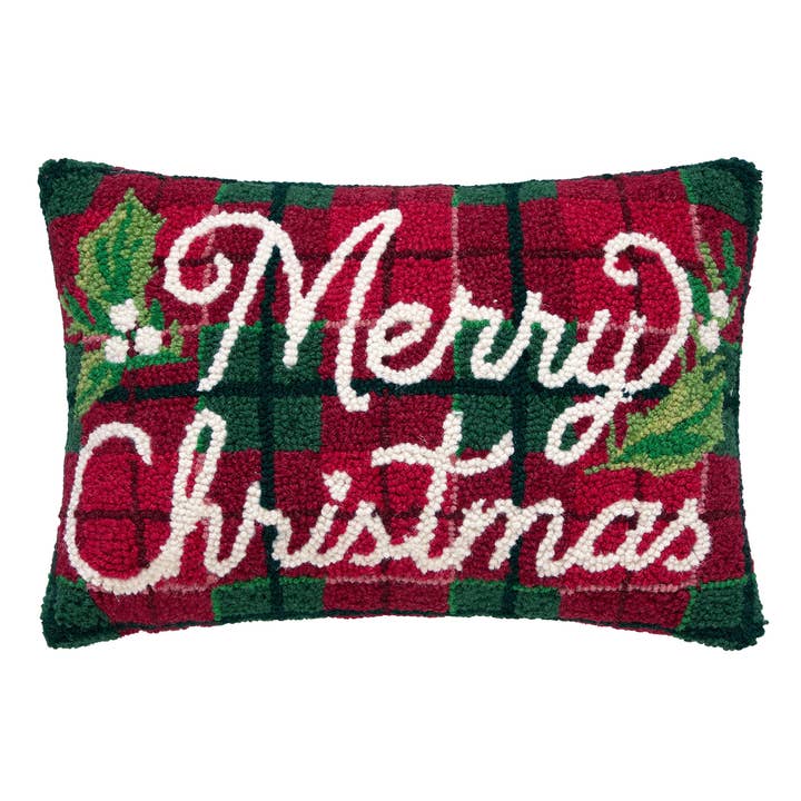 Peking Handicraft 31AV1549C18OB Merry Christmas Plaid Pillow 12" x 18"