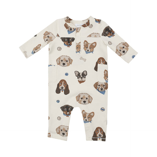 Angel Dear 536-F24-VPF French Terry Vintage Puppy Faces Baseball Collar Romper