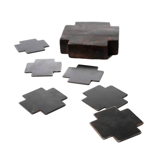Jan Barboglio 1199  Cruz Coasters Set of 6 on Wax Cast Cross Box & Lid