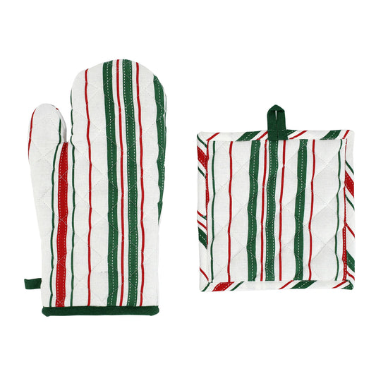 Vietri VBOH-007005RG Bohemian Linens Stripe Red/Green Oven Mitt & Potholder